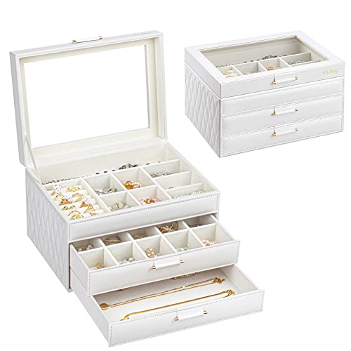 V-LAFUY Schmuckkästchen, 3-lagig mit 2 Schmuck Organizer Schubladen Box, Schmuckkästchen für Damen, Ring-Ohrring-Armband- und Halsketten, Weiß
